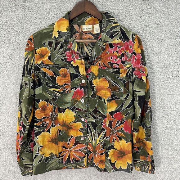 Chicos Button‎ Up Shirt Womens 0 Green Floral Oversized Artsy Aloha Beach Resort - Picture 1 of 6